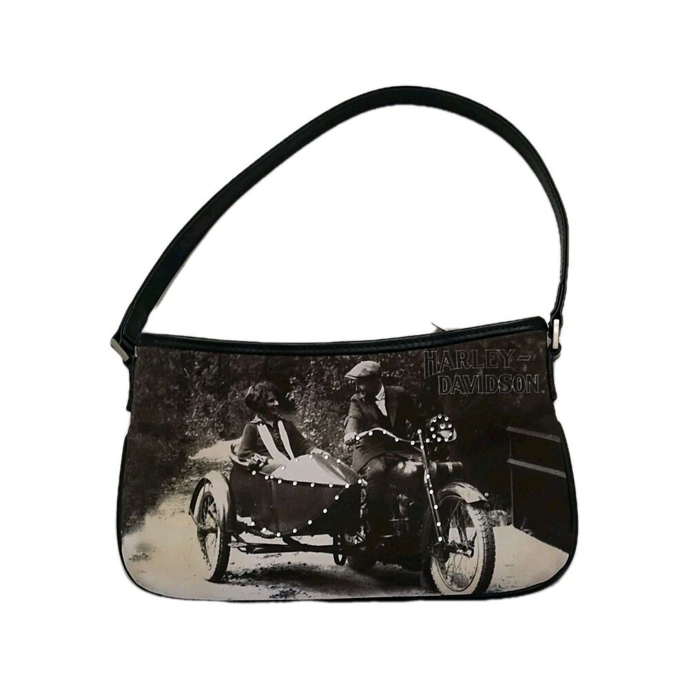 Harley-Davidson Black Shoulder Bag Motorcycle Print Studded Silver Hardware